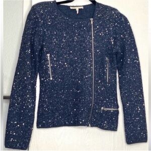 MAJE Sparkle Knit Asymmetrical Zip Motto Jacket in Navy Size 2/M